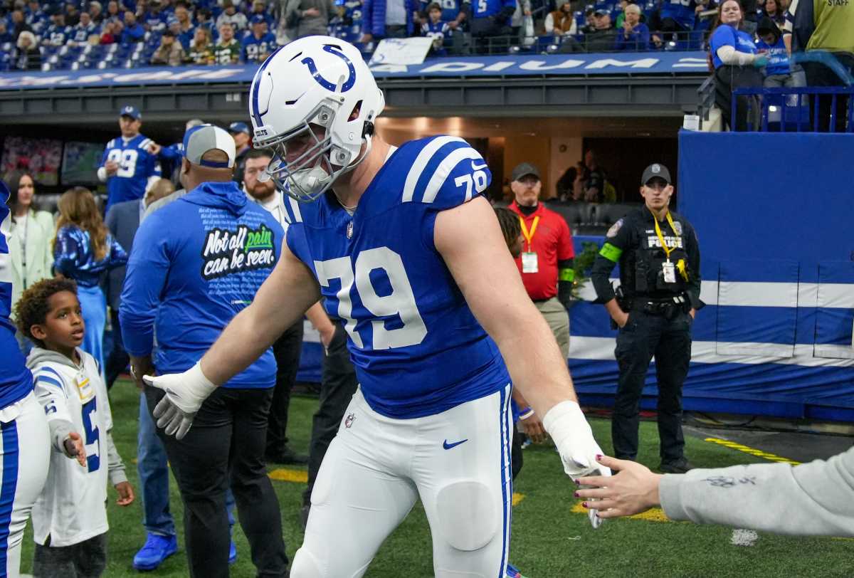 Indianapolis Colts offensive tackle Bernhard Raimann (79) slaps hands pregame, Las Vegas Raiders at Indianapolis Colts, Sunday, Dec. 31, 2023, at Lucas Oil Stadium.
